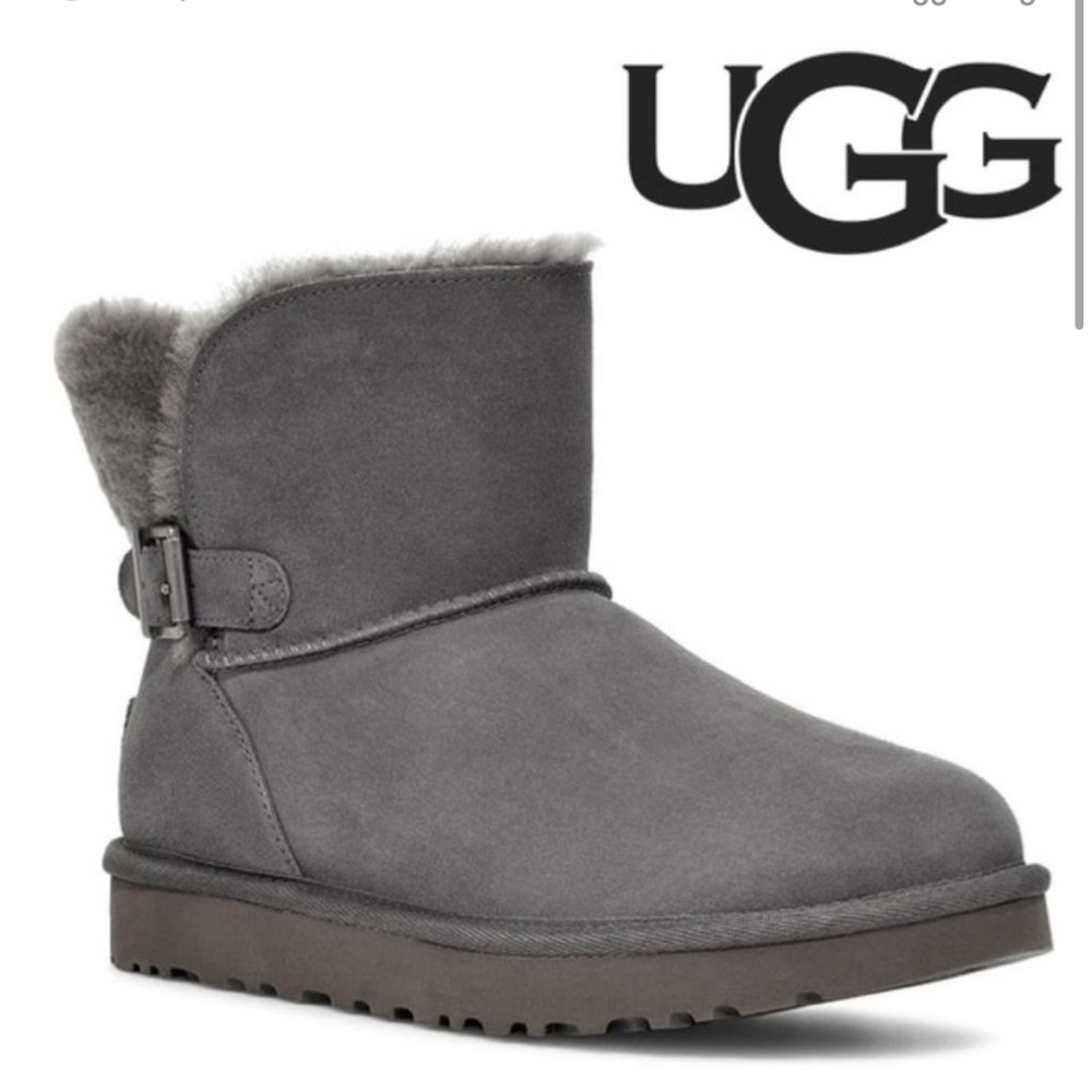 NEW UGG KAREL SUEDE SHEARLING MINI BUCKLE BOOTS Size 6 charcoal grey